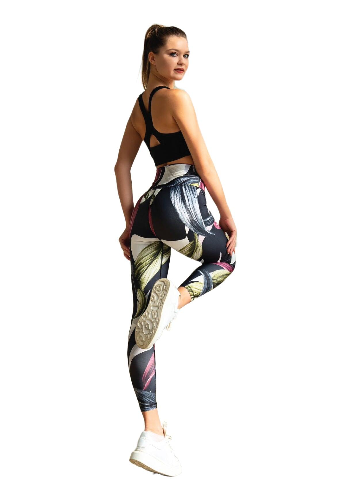 324 Leggings a vita alta extra in nero, rosa, verde a fiori 4/7