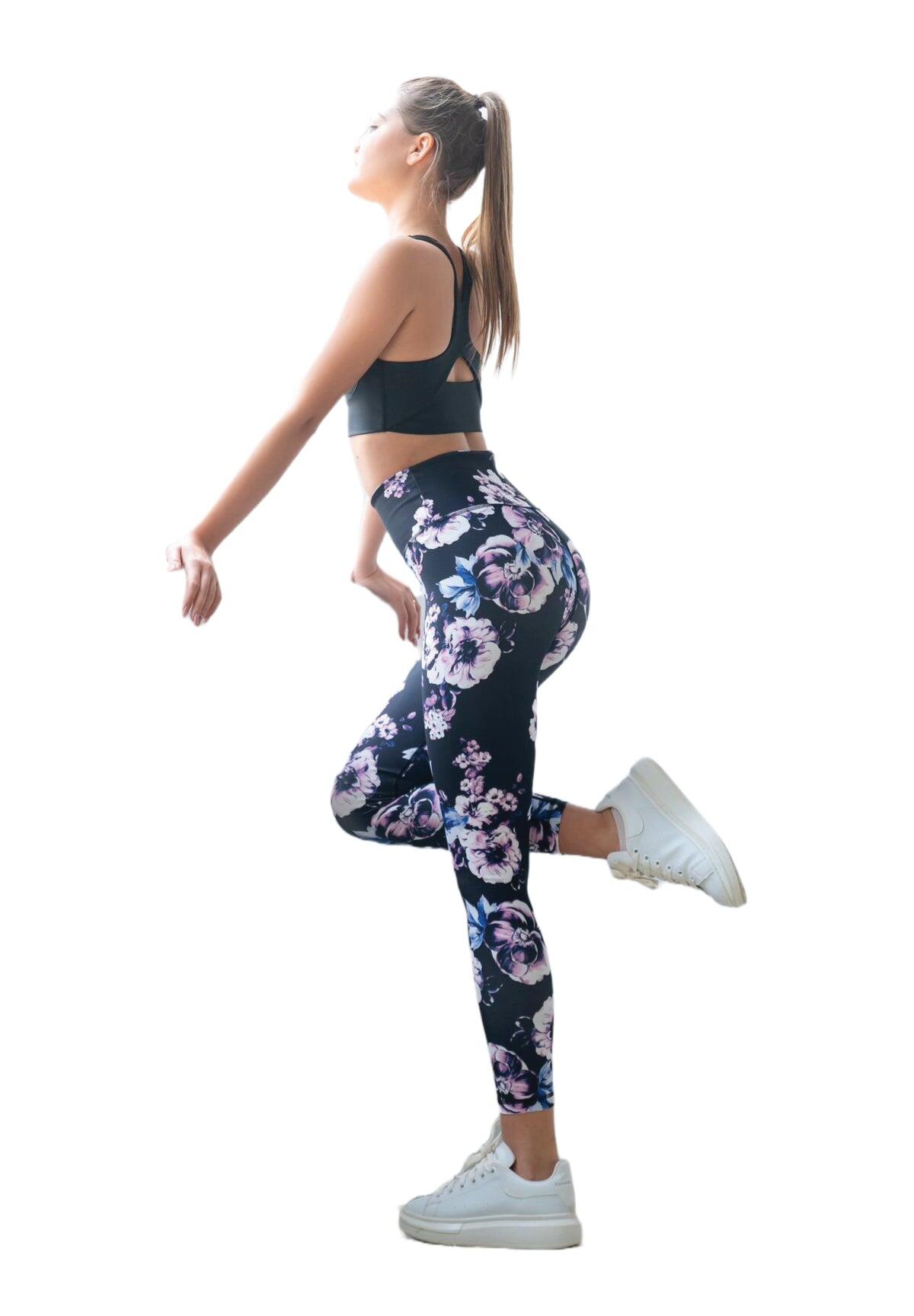 334 Leggings a vita alta in nero, blu e rosa a fiori 7/7