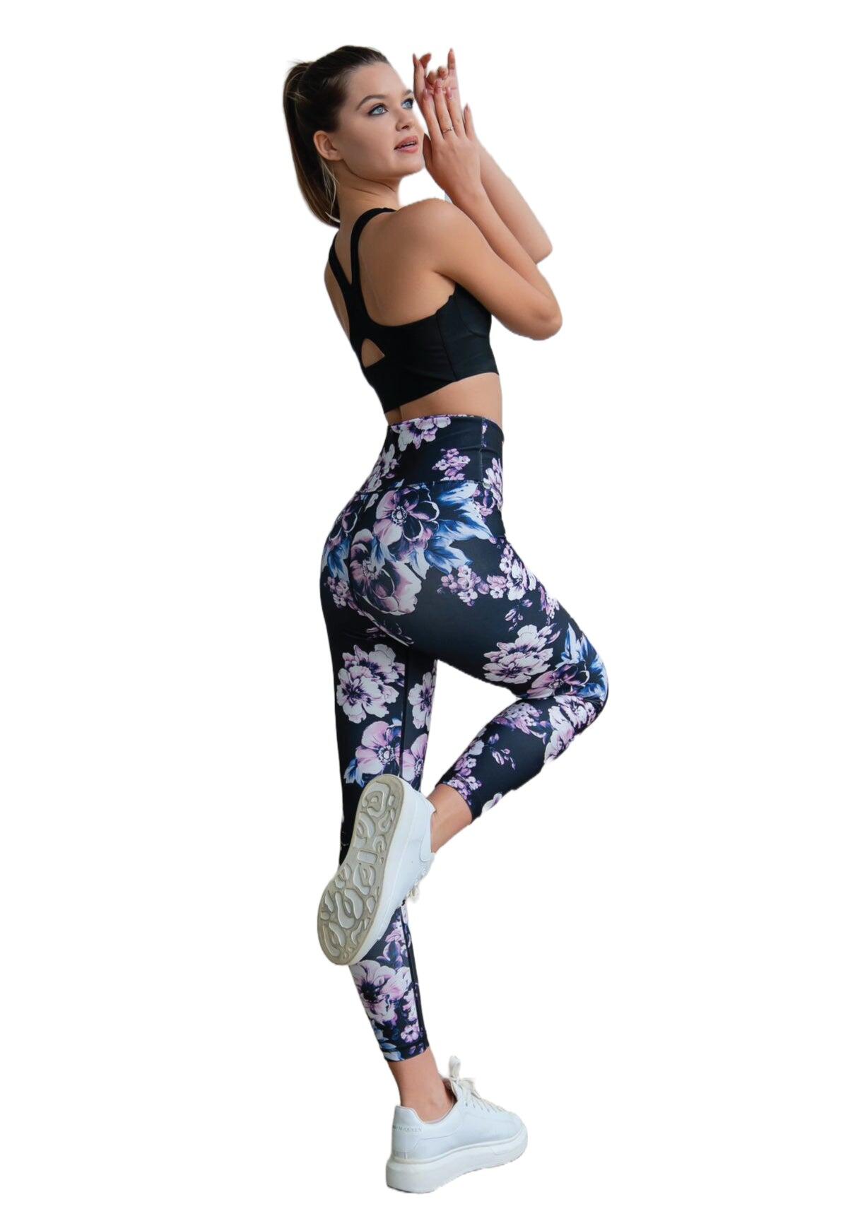 334 Leggings a vita alta in nero, blu e rosa a fiori 5/7