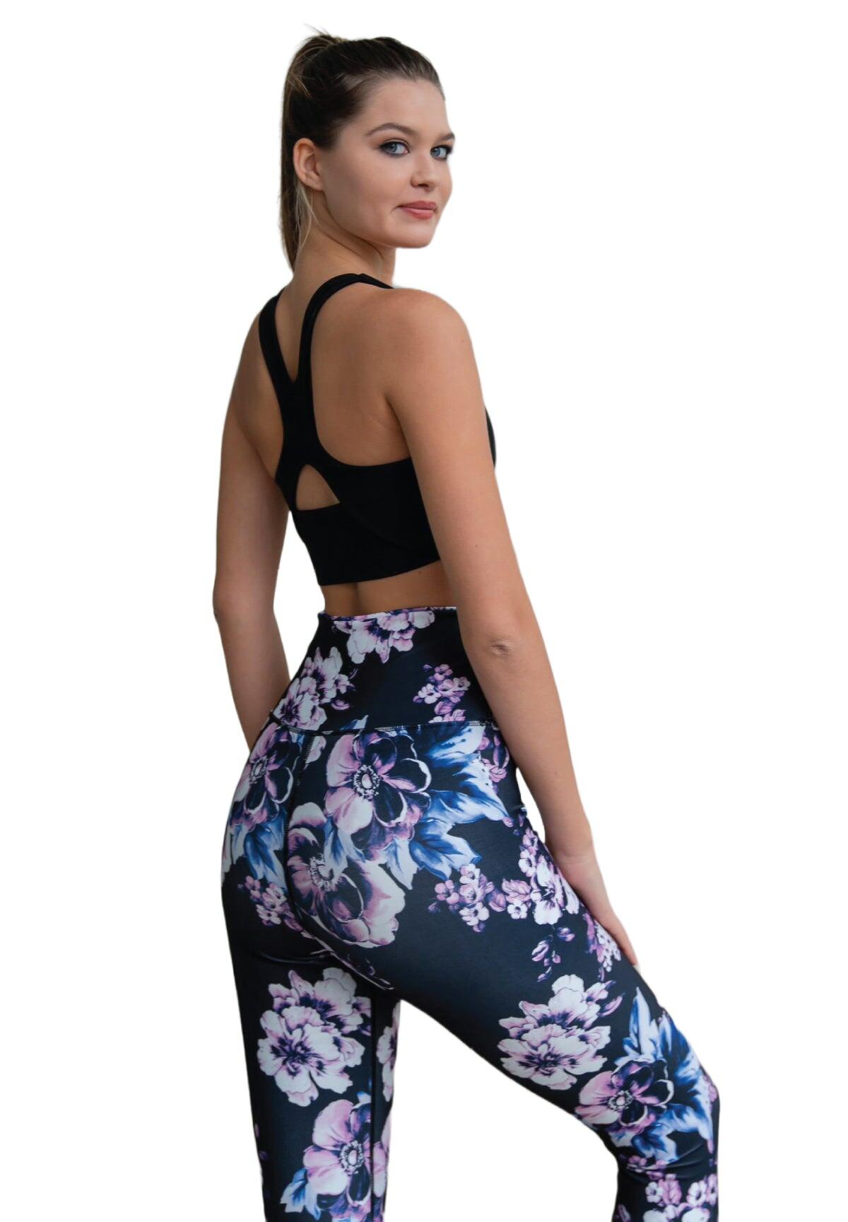 334 Leggings a vita alta in nero, blu e rosa a fiori 4/7
