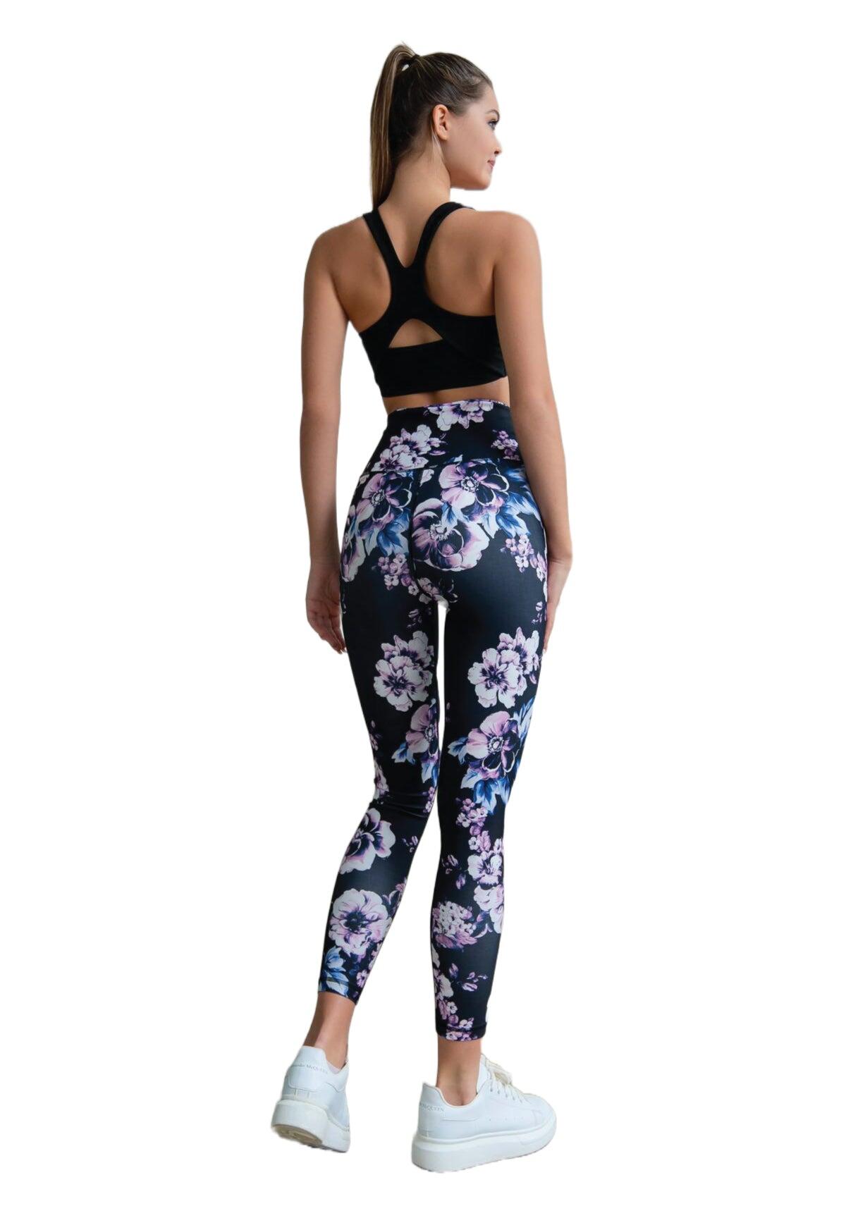 334 Leggings a vita alta in nero, blu e rosa a fiori 3/7