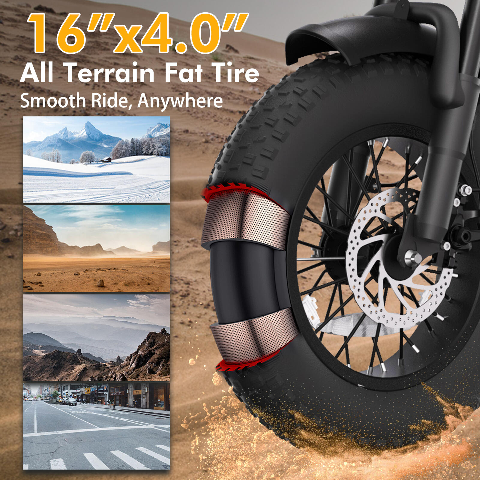 M16 bici elettrica adulti, batteria 48V13Ah, pneumatici grassi 16×4.0", IPX4 7/13