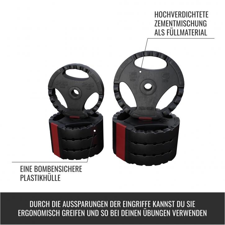 Dischi pesi GORILLA SPORTS 30 kg con maniglie, foro 31 mm 5/7