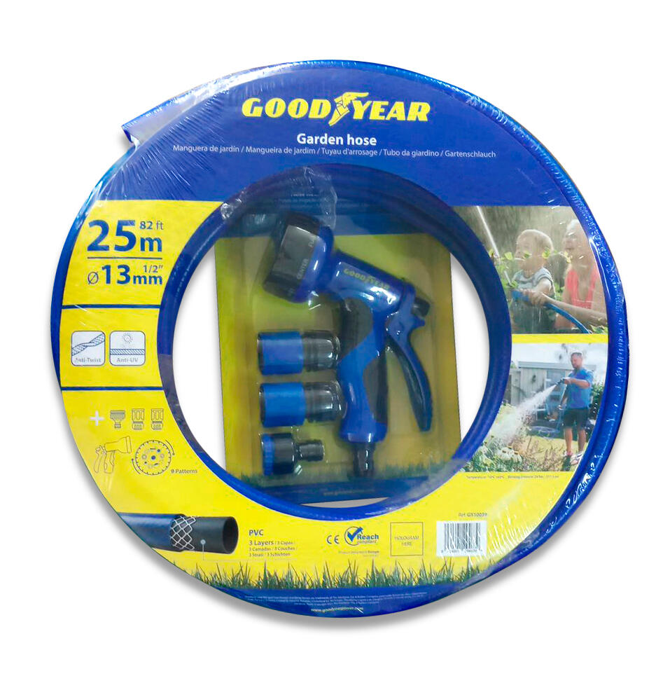 Goodyear - Manguera de jardín con pistola de riego 9 posiciones 3 conectores 4/5