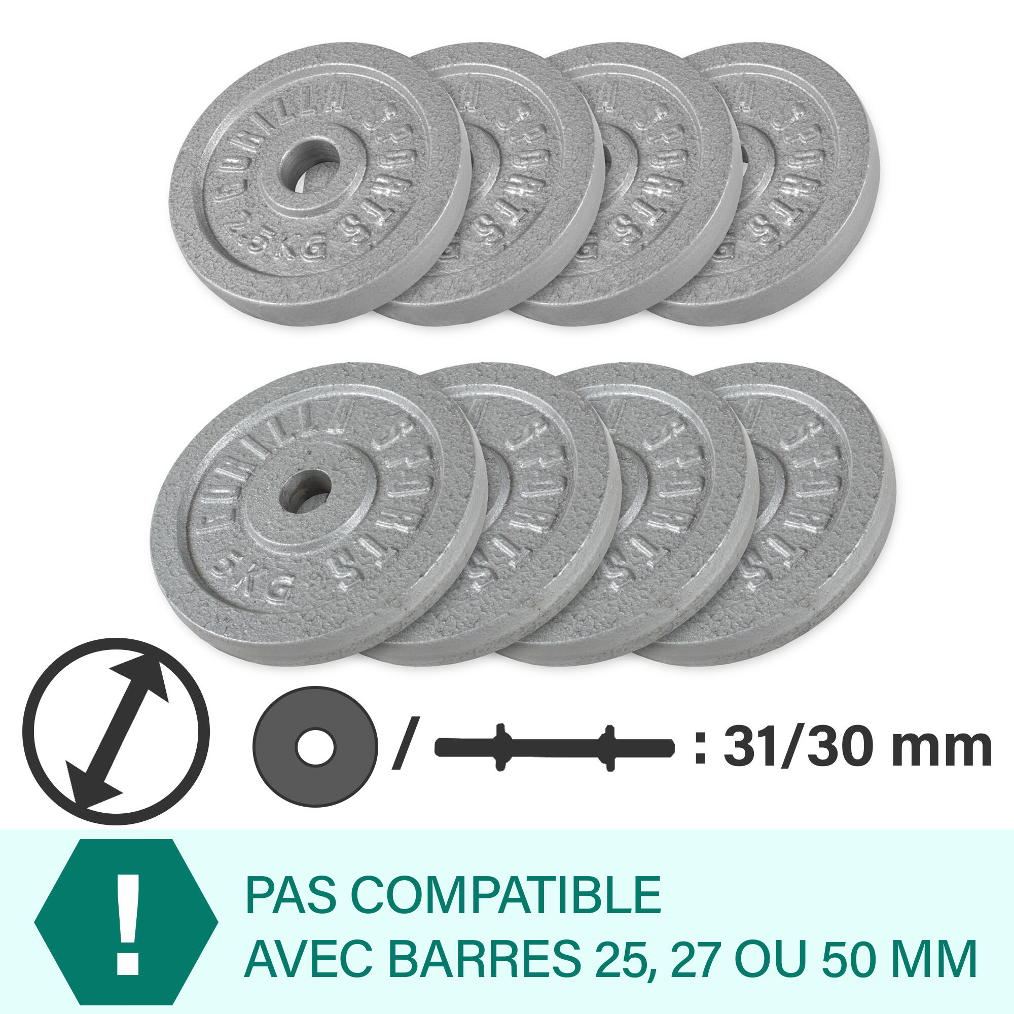 8 POIDS EN FONTE | DIAMETRE 31 MM | MUSCULATION | LOT DE 4x5 KG et 4x2,5 KG 2/6