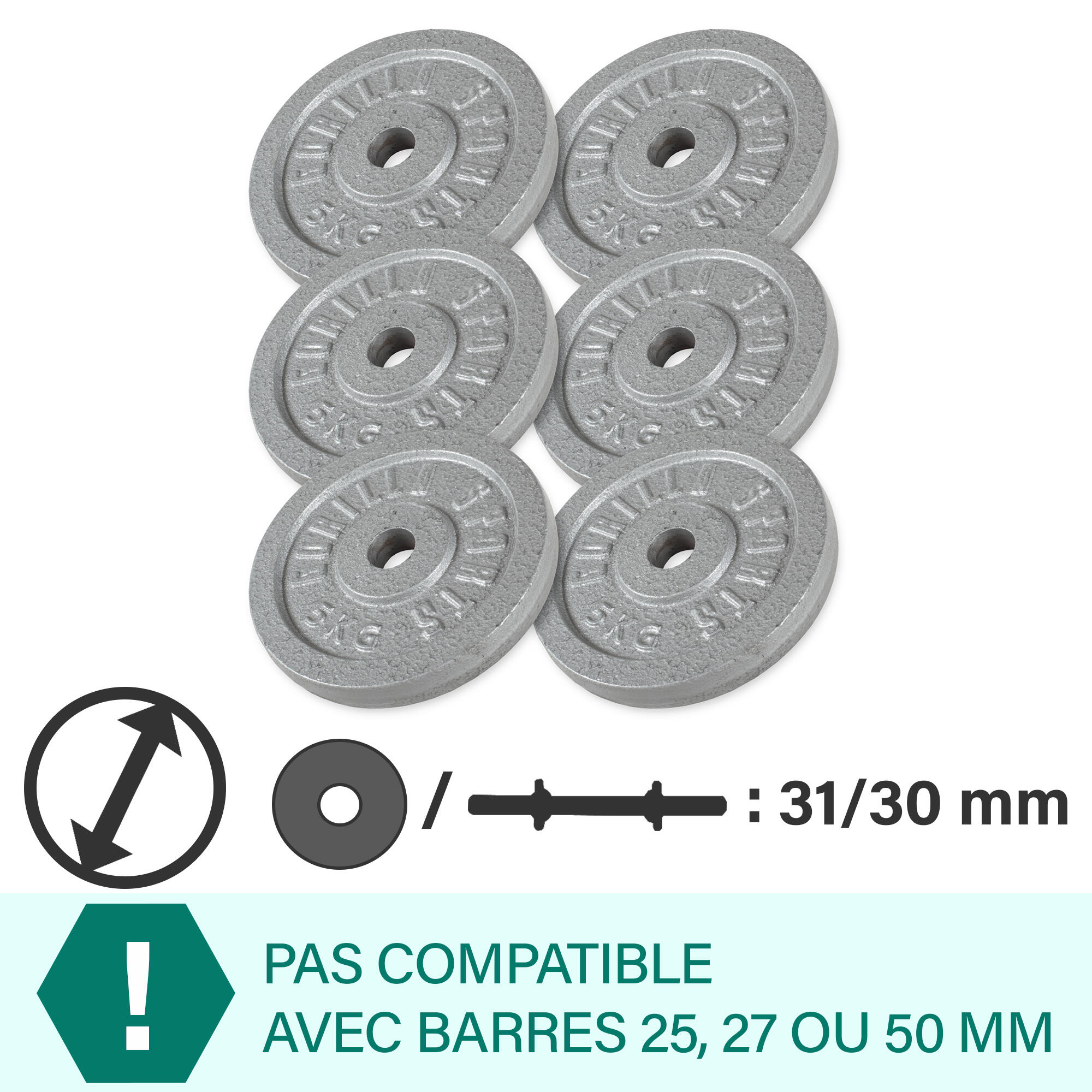 6 POIDS EN FONTE DE 5 KG| DIAMETRE 31 MM | MUSCULATION 2/6