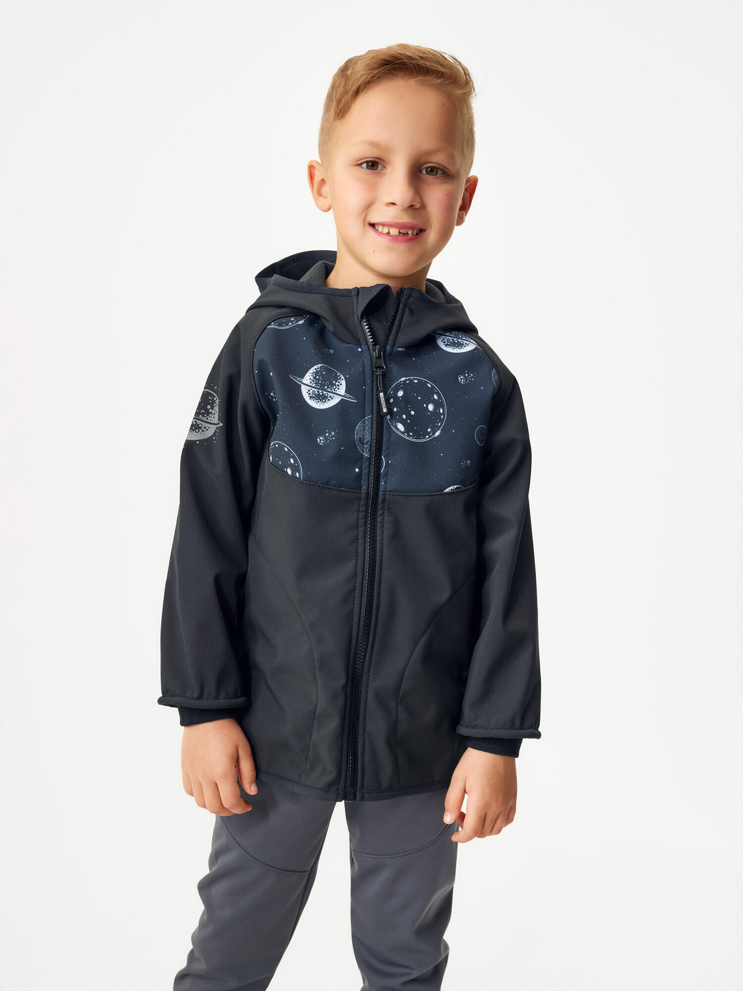 Softshell-Jacke mit Fleece für Kinder Basic, Schwarz, Planeten 6/7