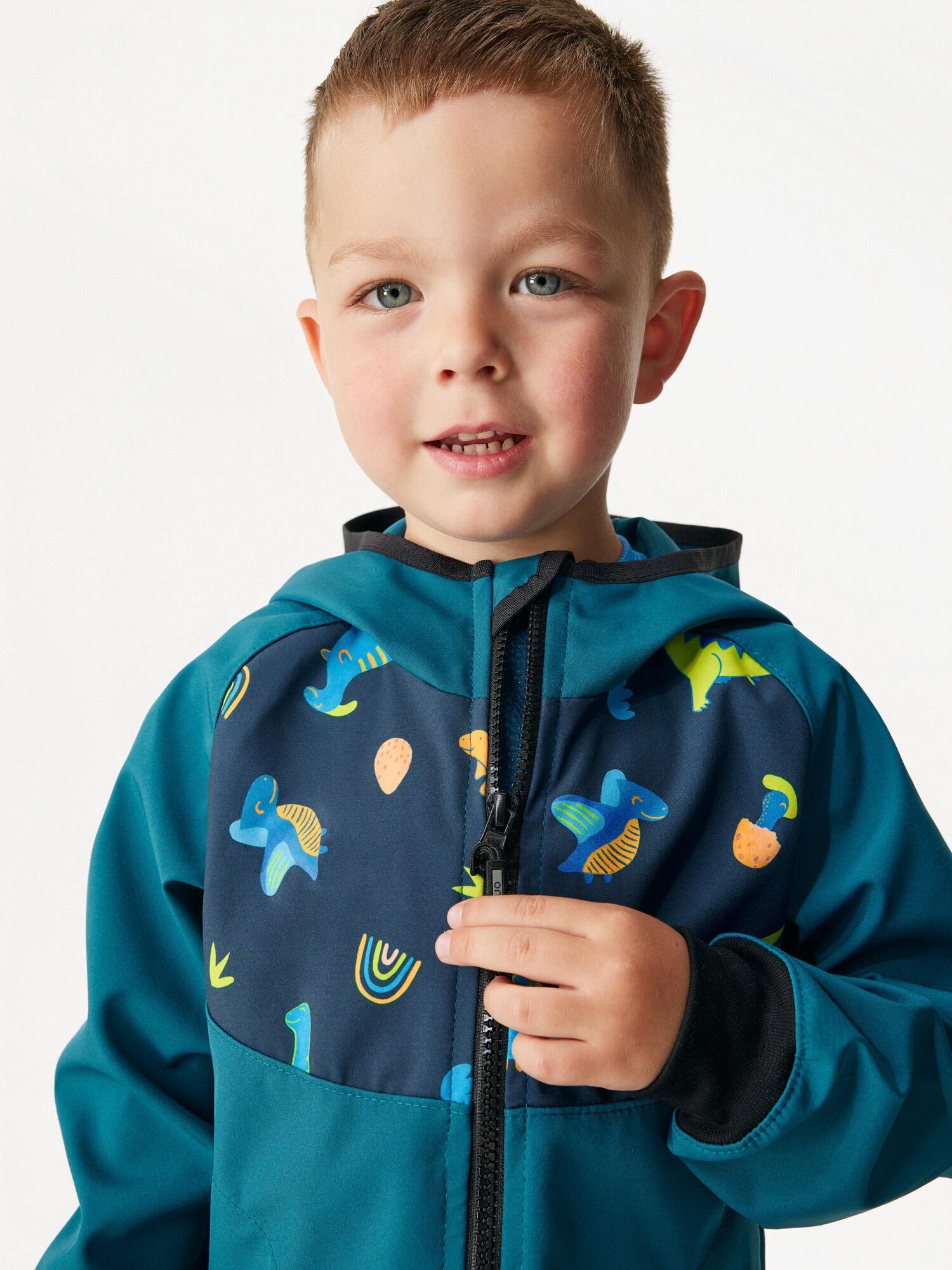Ungefütterte Softshell-Jacke für Kinder Basic, Kobalt, Dinosaurier 6/7
