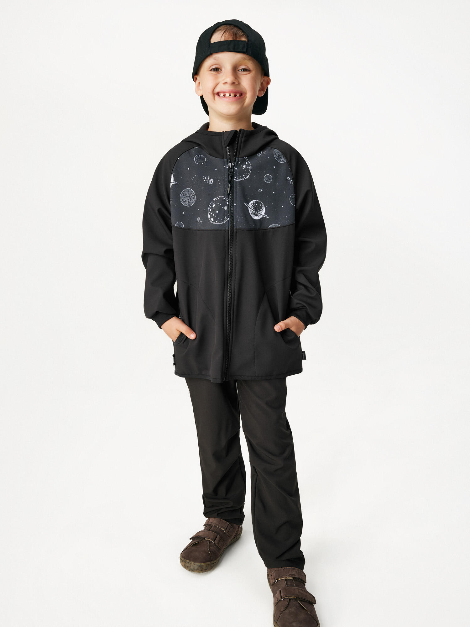 Softshell-Jacke mit Fleece für Kinder Basic, Schwarz, Planeten 5/7