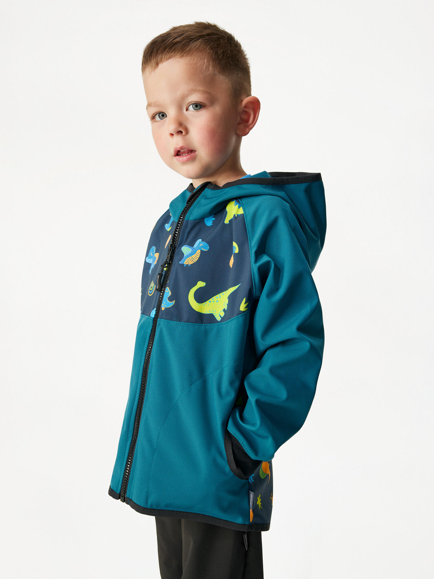 Ungefütterte Softshell-Jacke für Kinder Basic, Kobalt, Dinosaurier 3/7