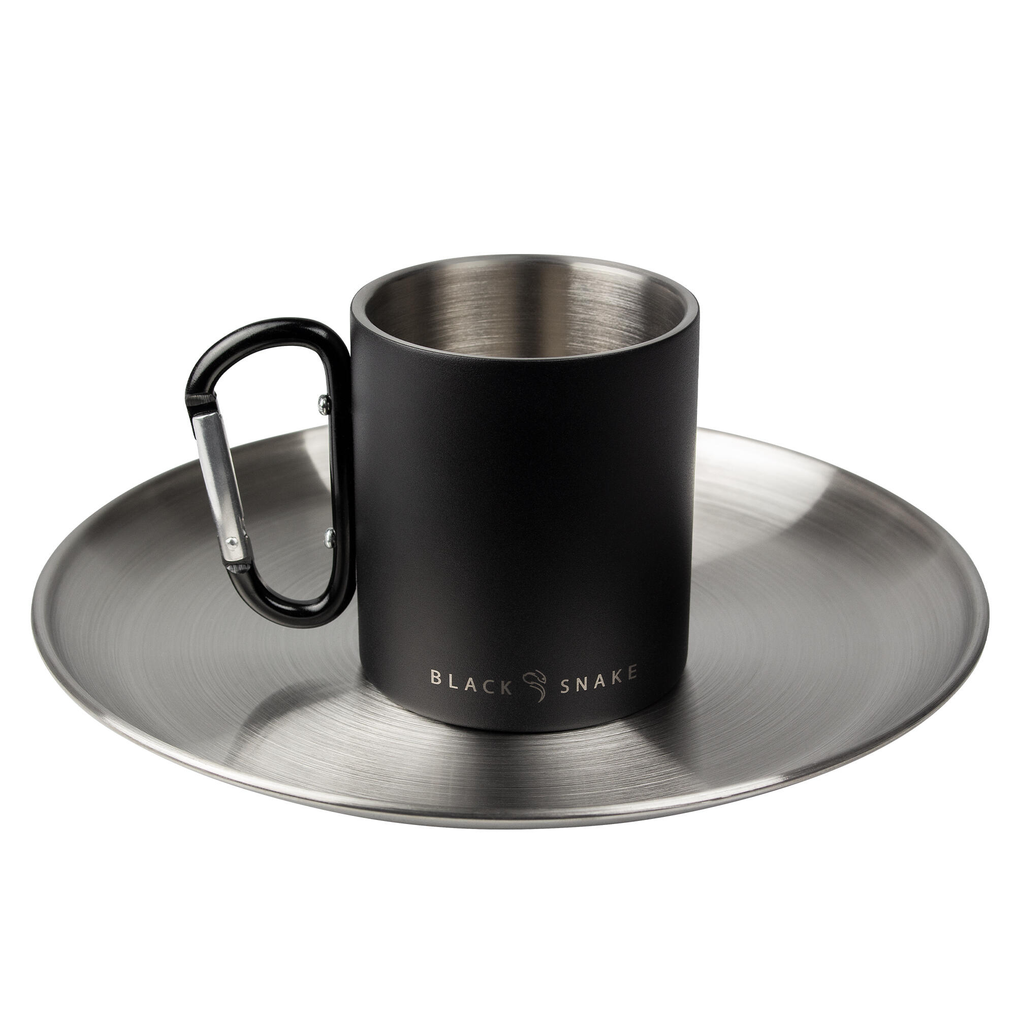 Camping Teller flach und Thermotasse Karabinerhaken Set | Edelstahl 8/9