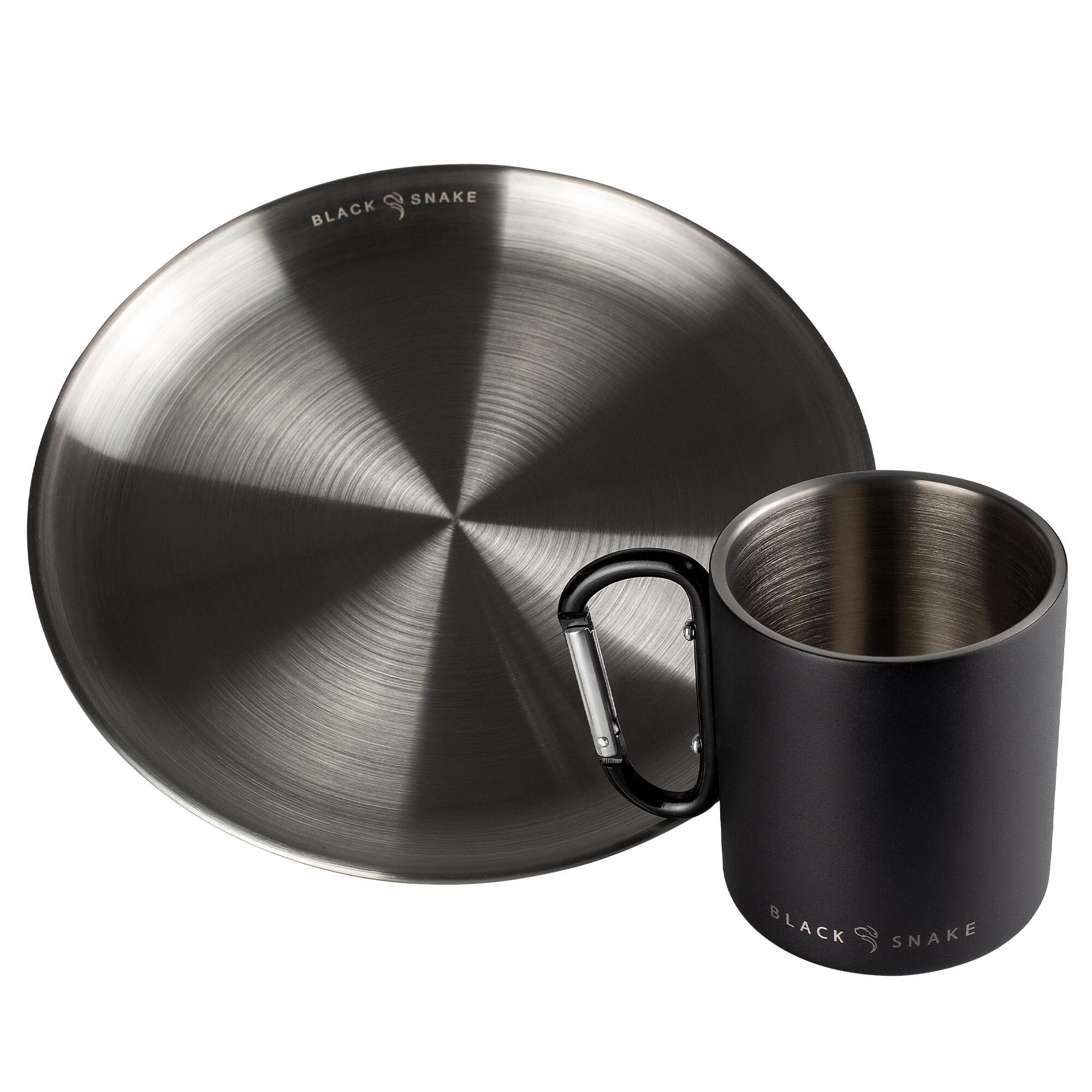 Camping Teller flach und Thermotasse Karabinerhaken Set | Edelstahl 5/9