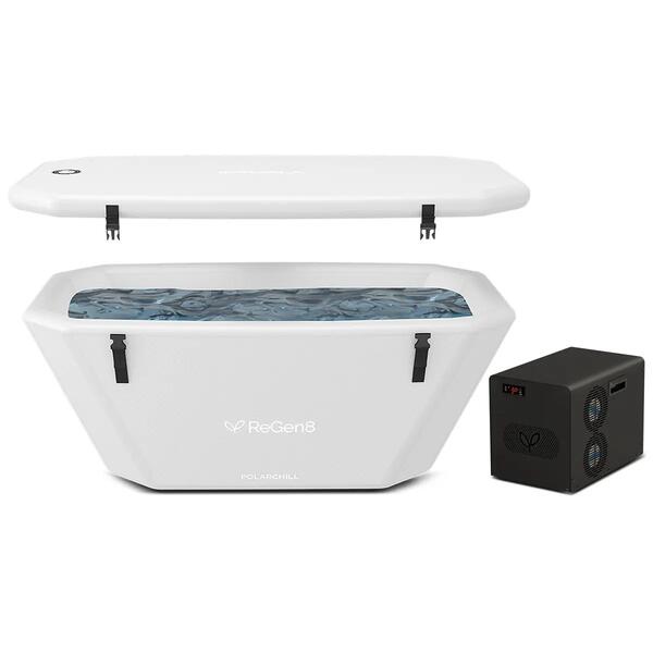 White cold plunge tub with a chiller unit