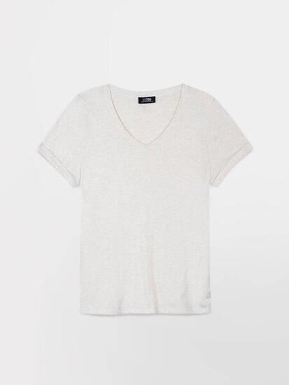 T-shirt - femme - col v, manches courtes - adinatee blanc/ecru