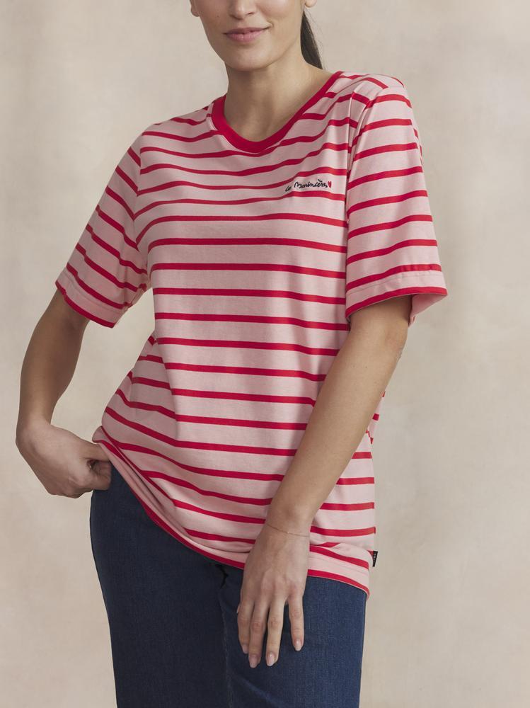 T-shirt manches courtes - femme - col rond - motif rayé - Amour - rose 3/5