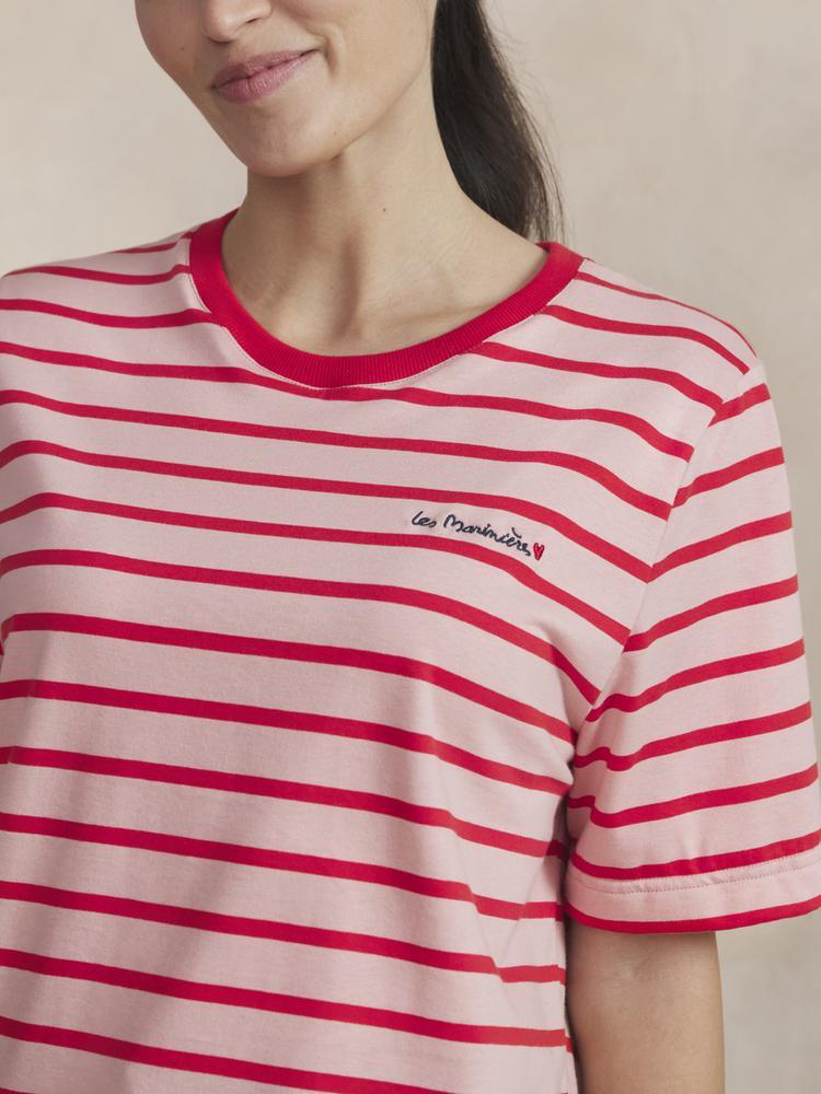T-shirt manches courtes - femme - col rond - motif rayé - Amour - rose 2/5