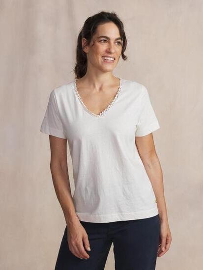 T-shirt - Mode - Femme - Manches courtes, Col V, Coton - ADAMAVER - Blanc/Écru