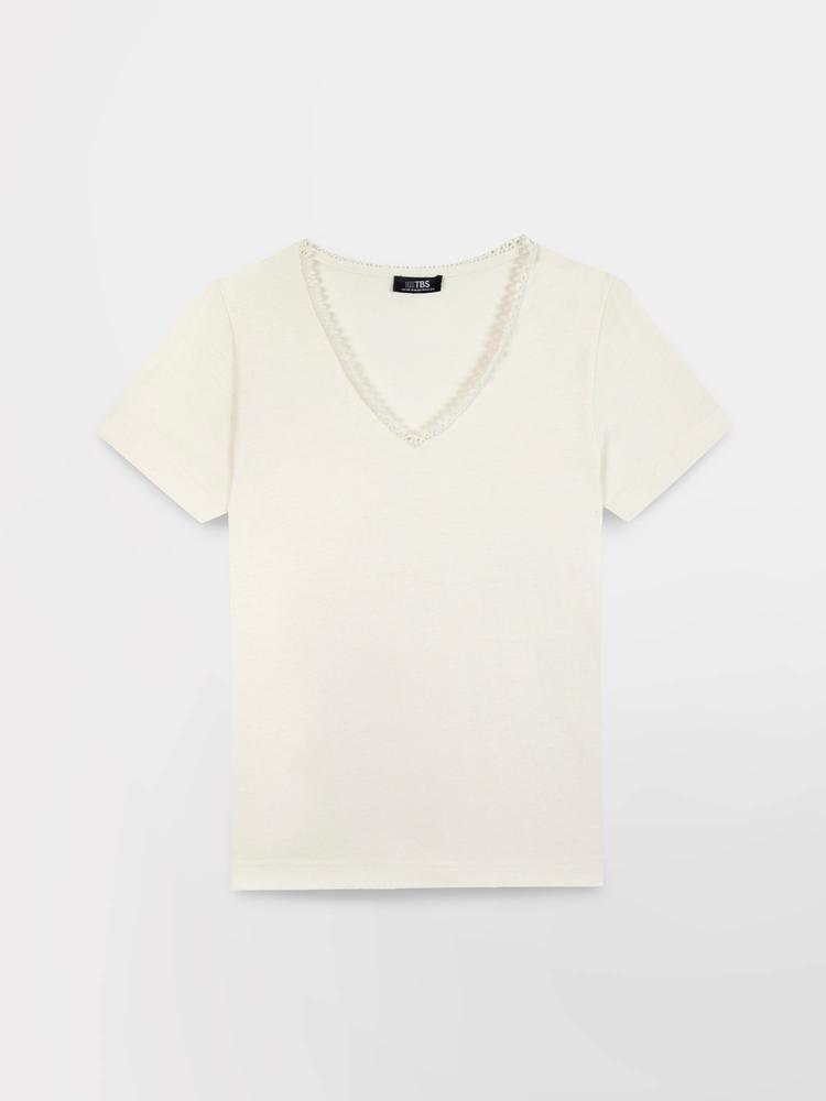 T-shirt - femme - col v, manches courtes - adamaver - blanc/ecru 4/5