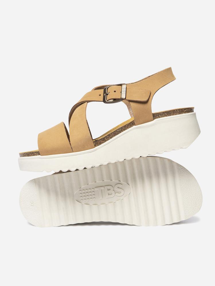 Sandales compensées - Femme - Cuir, bride à boucle - CLARIAH - Blanc/ecru 3/4