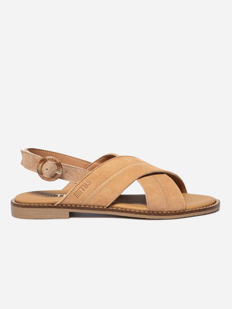Sandales plates - Femme - Cuir, boucle réglable - ASSIANE - Noisette 4/5