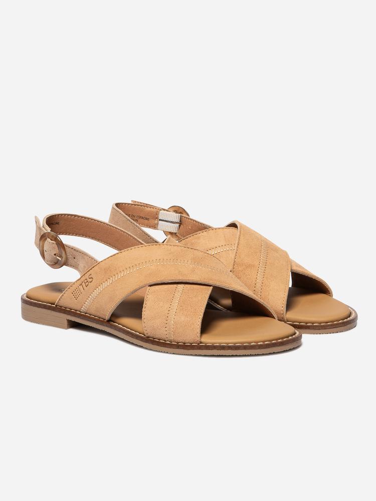 Sandales plates - Femme - Cuir, boucle réglable - ASSIANE - Noisette 3/5