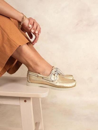 Chaussures bateau - Nautisme - Femme - Lacets cuir - PHENISE - Beige et Or
