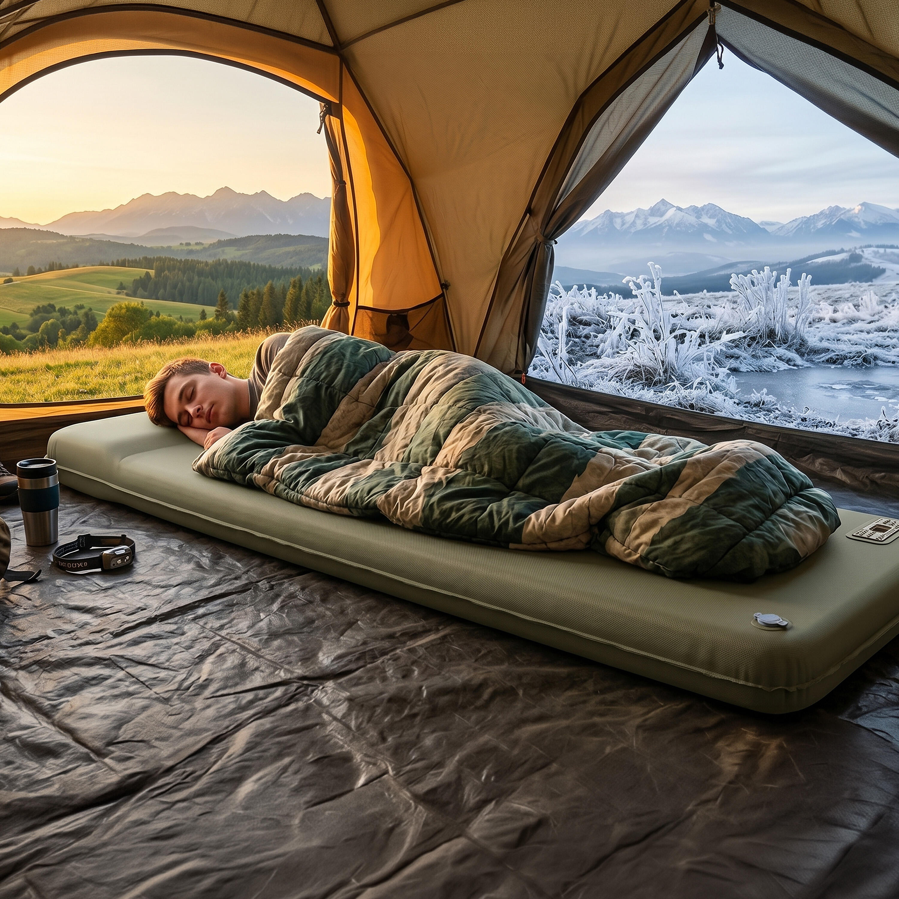 Zelfopblazende slaapmat met electropomp en memory foam voor camping 6/8
