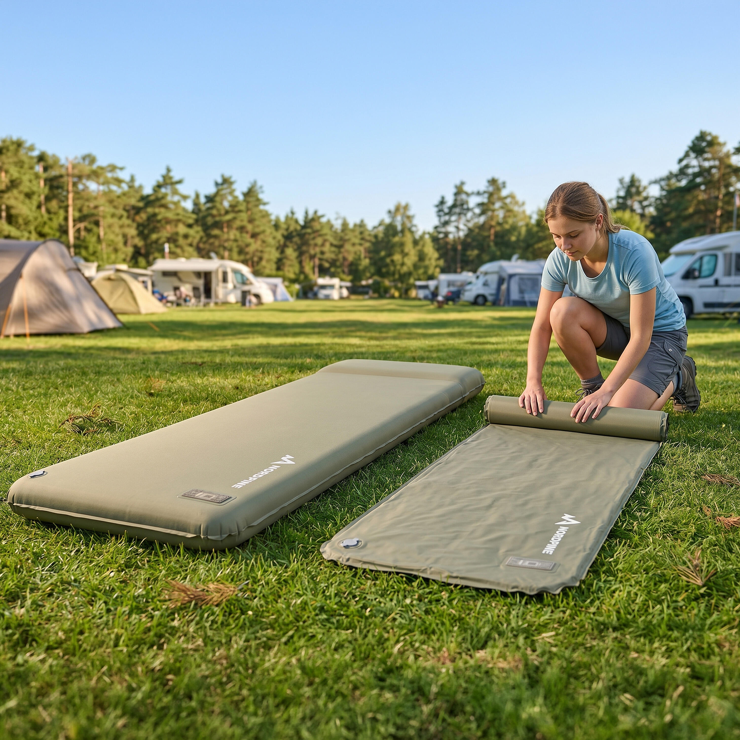 Zelfopblazende slaapmat met electropomp en memory foam voor camping 4/8