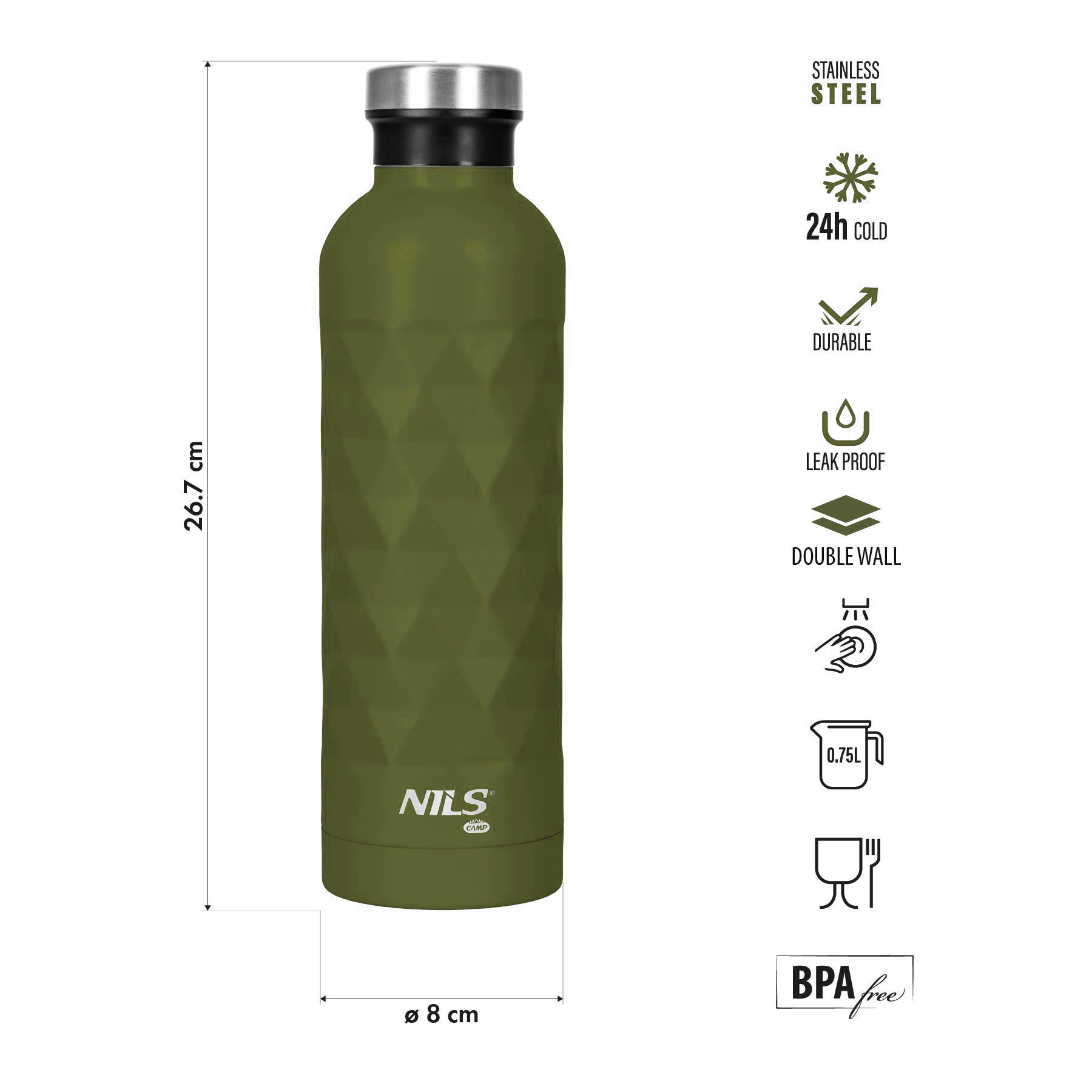 Thermotrinkflasche 750 ml für Trekking, Camping und Reisen Grün NILS Camp NC3805 6/7