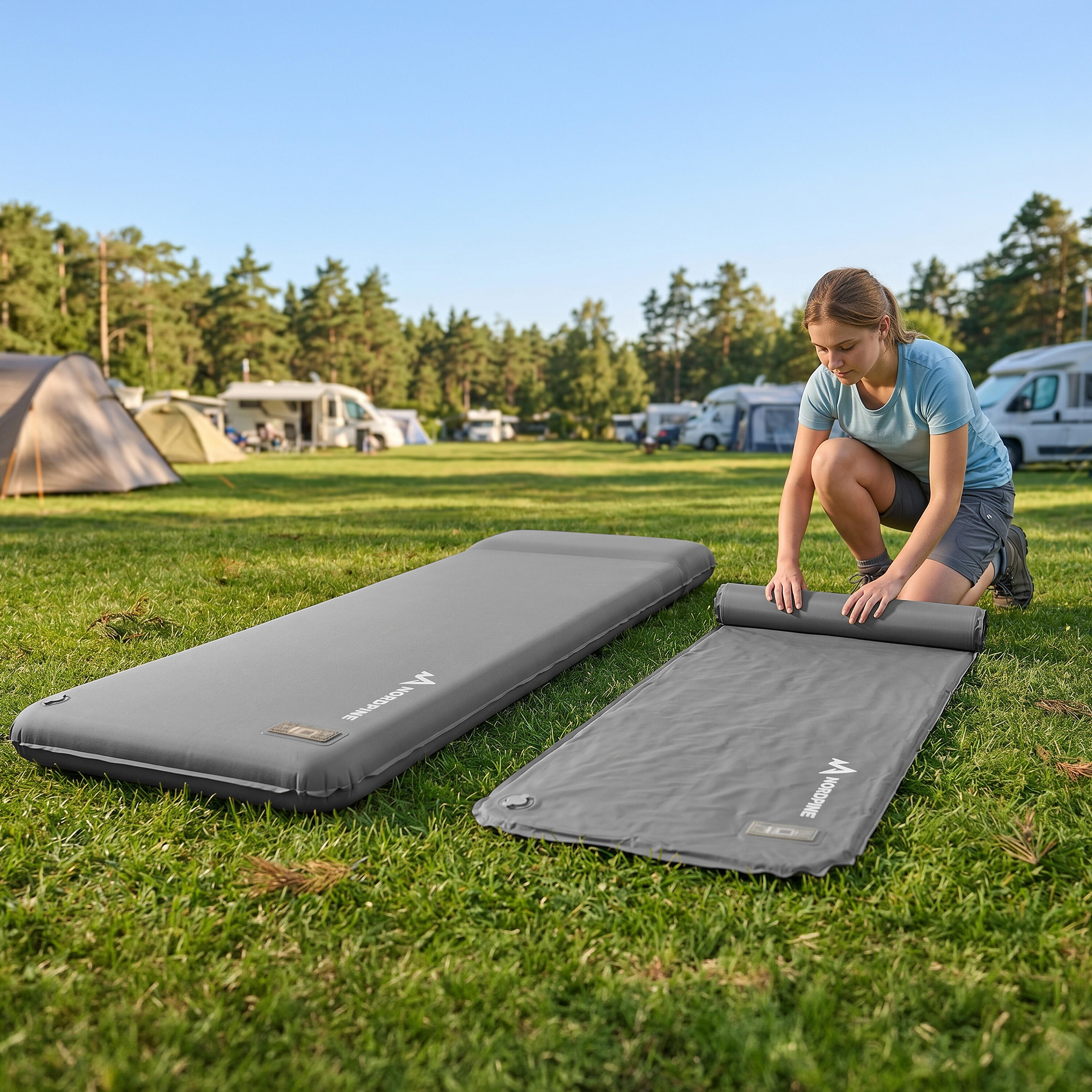 Zelfopblazende slaapmat met electropomp en memory foam voor camping 4/8