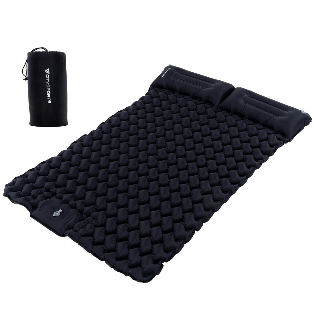 Inflatable camping mattress for 2 people, 202 x 130 cm, integrated foot pump