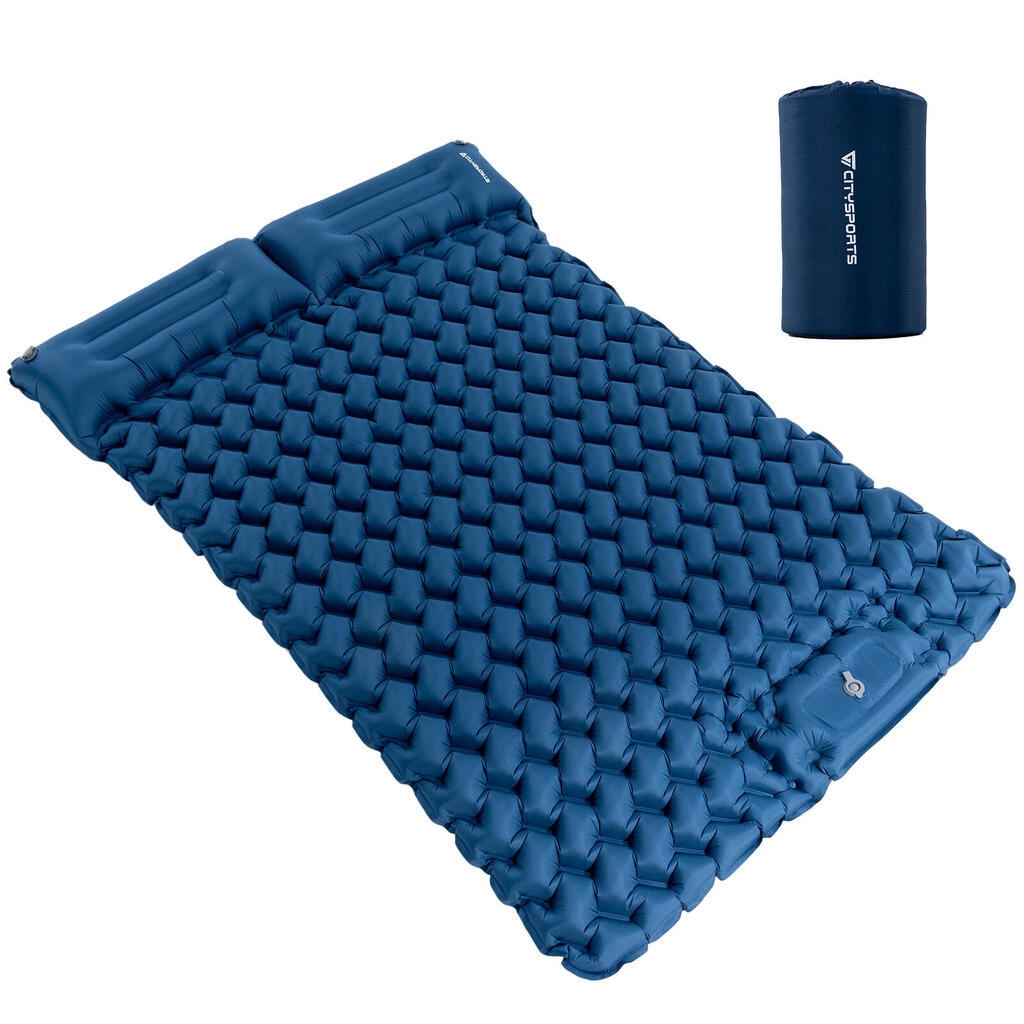 Inflatable camping mattress for 2 people, 202 x 130 cm, integrated foot pump