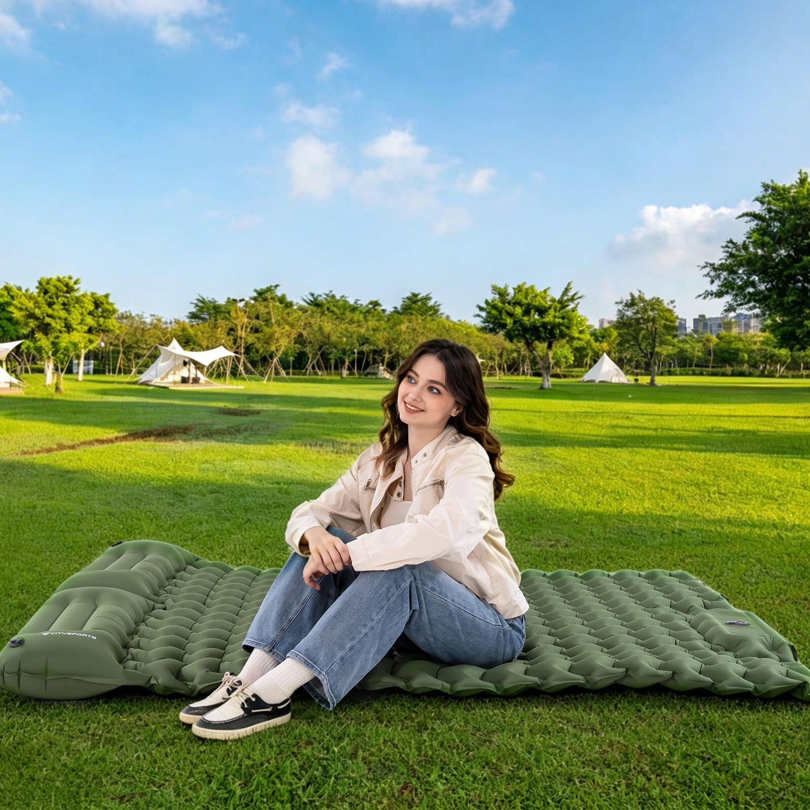 Opblaasbare kampeermatras voor 2 personen, 202 x 130 cm, ingebouwde voetpomp 7/8