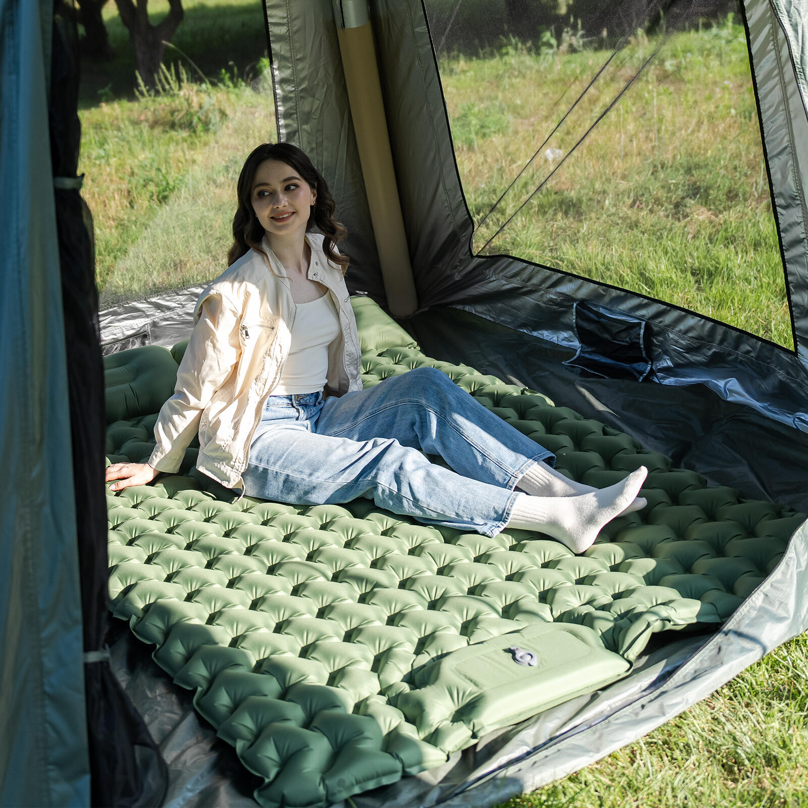 Opblaasbare kampeermatras voor 2 personen, 202 x 130 cm, ingebouwde voetpomp 5/8