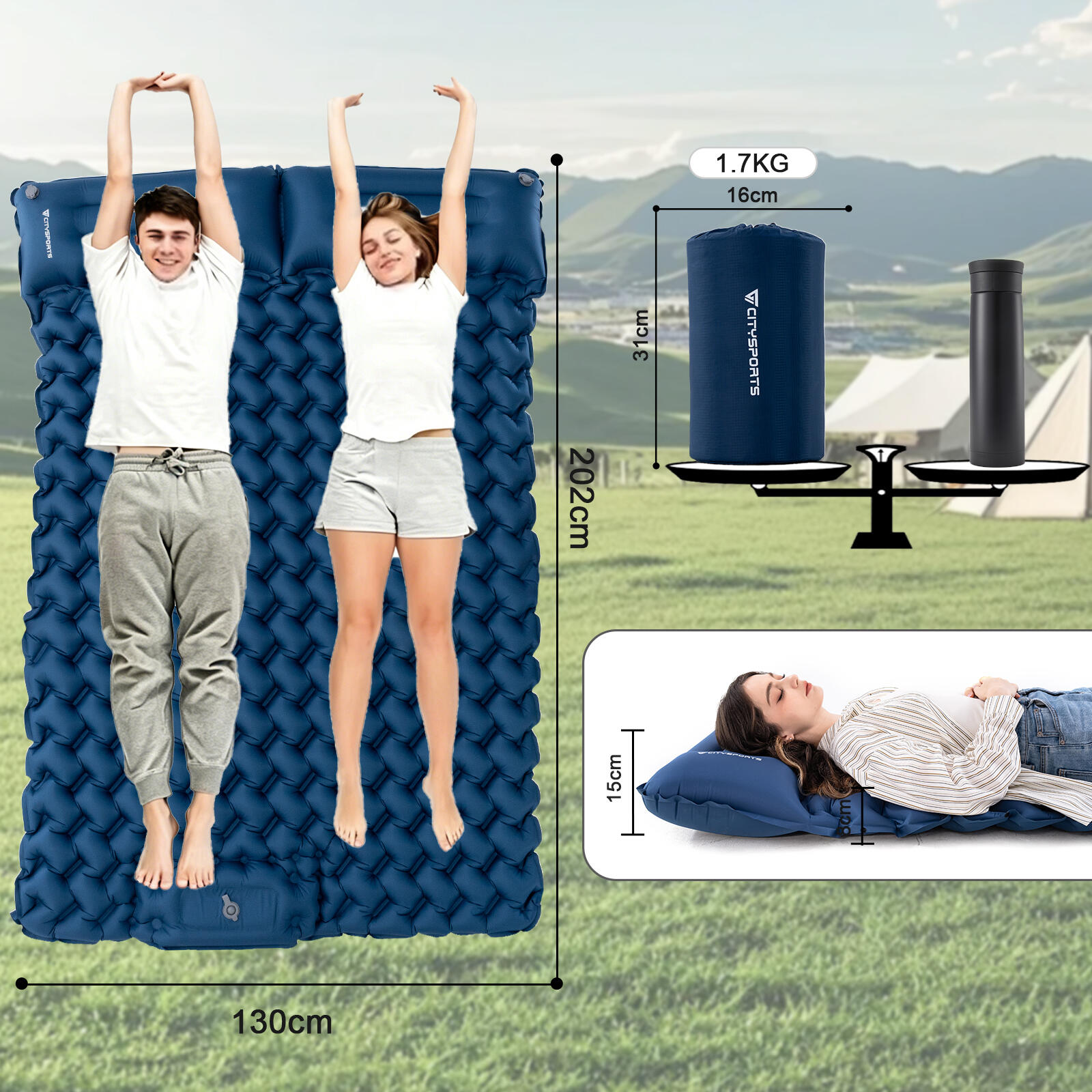 Selbstaufblasbare Campingmatte für 2 Personen,202 x 130 cm,integrierte Fußpumpe 2/6