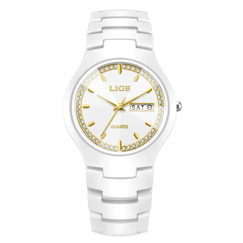 Watch Ceramic Diamond Dress Waterproof Calendar & Week Display