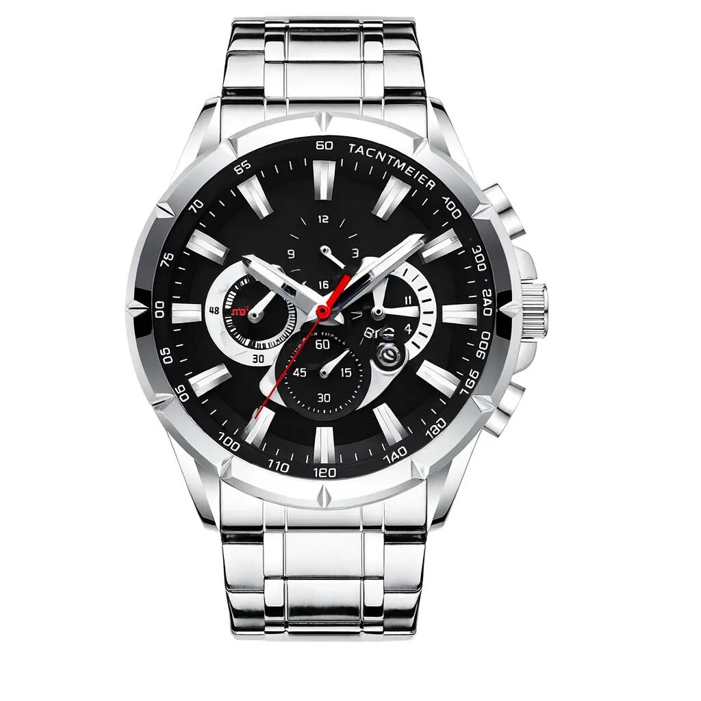 Chronograph Men’s Watch Stainless Steel Band Big Dial Clock with Luminous Hands