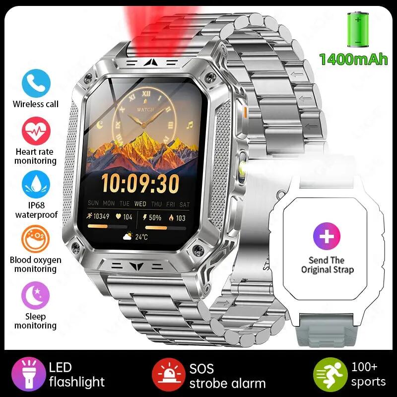 Smart Watch Men 1400mAh Fitness Tracker IP68 Waterproof BT Call SOS Flashlight