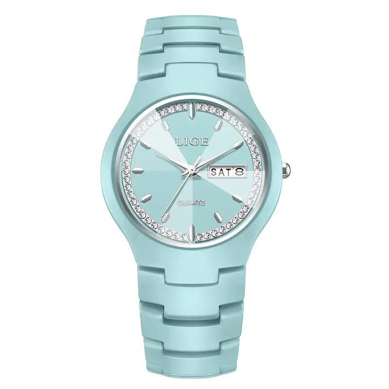 Watch Ceramic Diamond Dress Waterproof Calendar & Week Display Wristwatch
