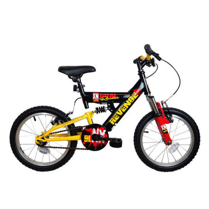 XN Revenge Boys Full Suspension Mountain Bike 16in Wheel - Black/Yellow/Red