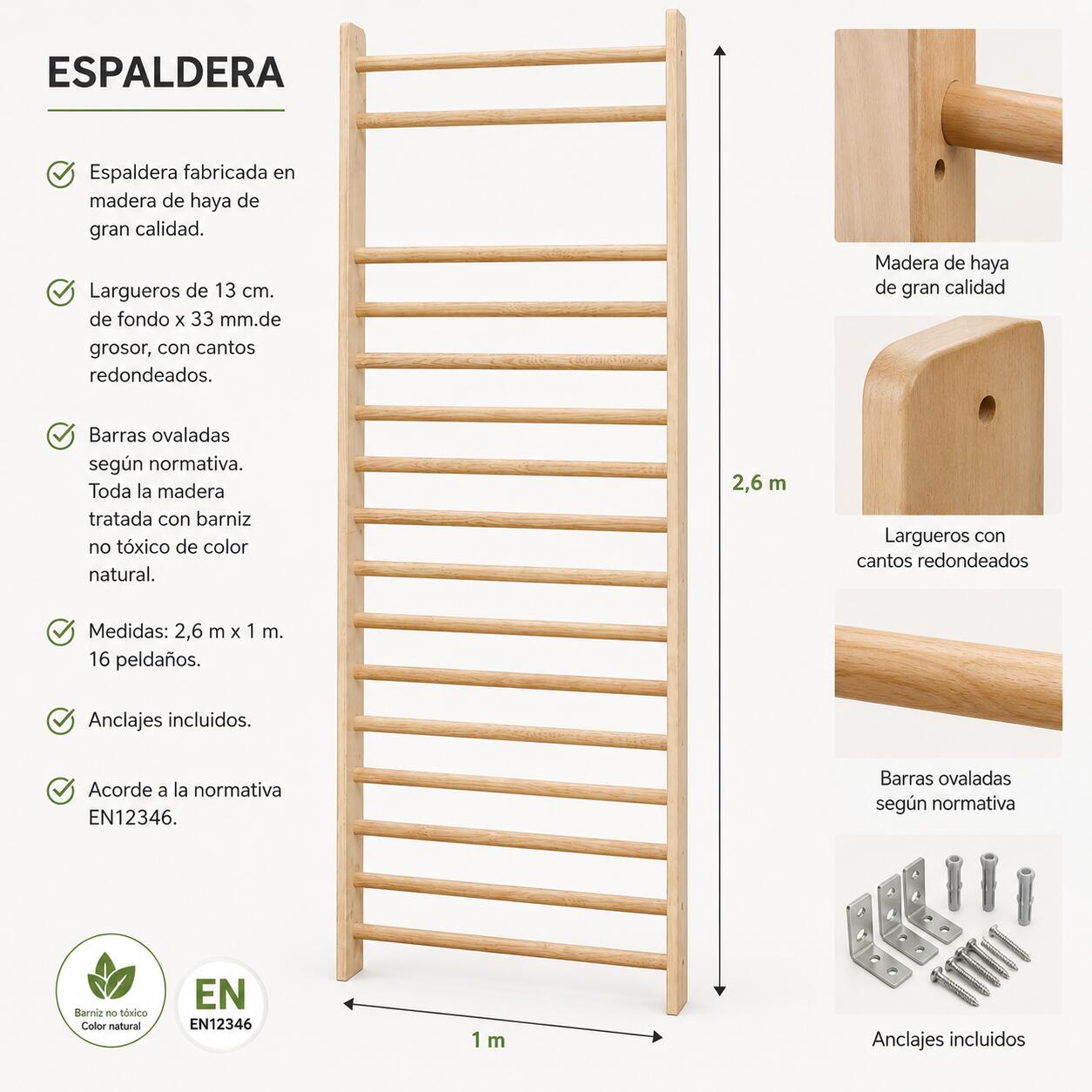 Espaldera Madera de Haya 2,6 m x 1 m Fitness 3/3