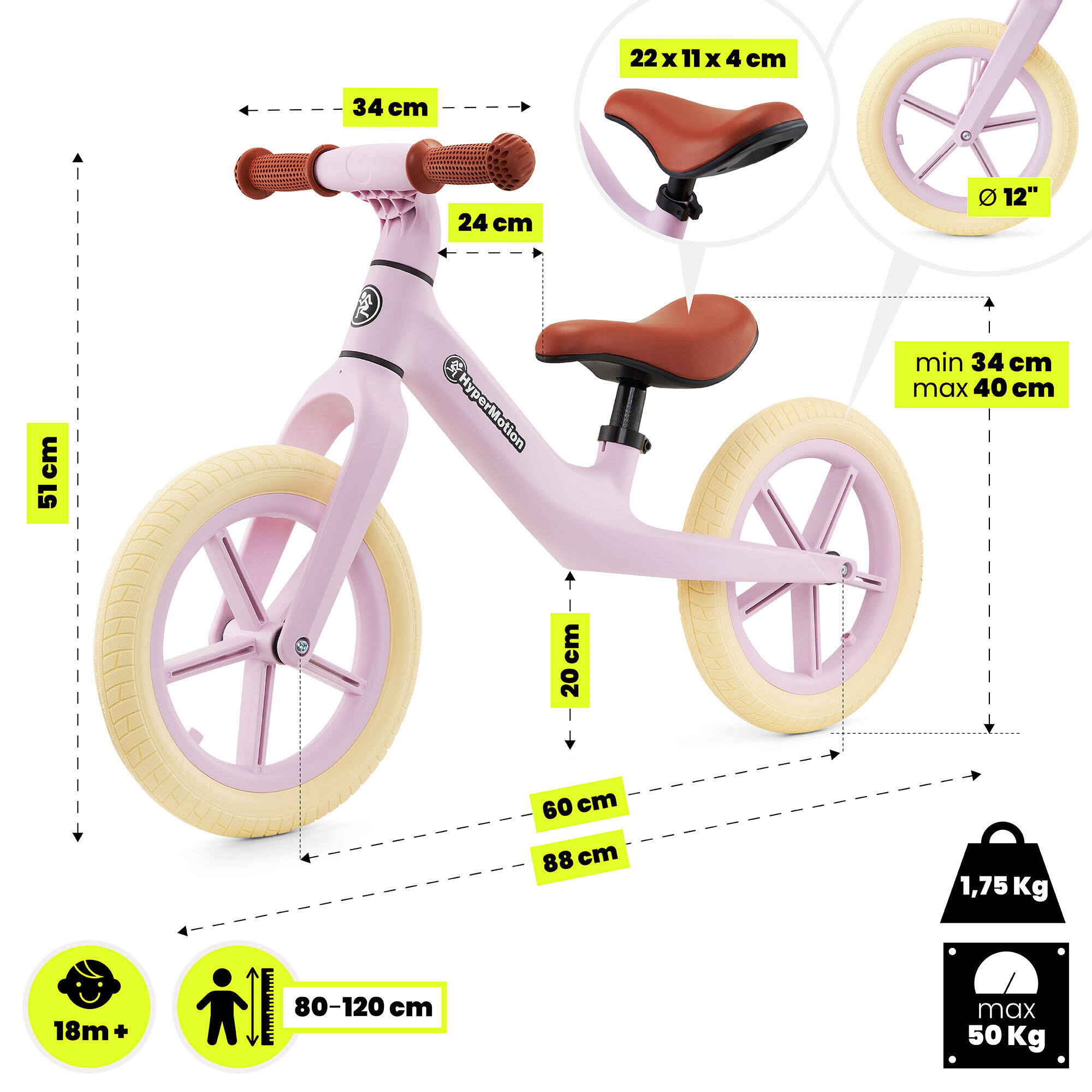 Bicicleta de equilíbrio - ciclismo - unissexo - leve, selim ajustável - rosa 5/7