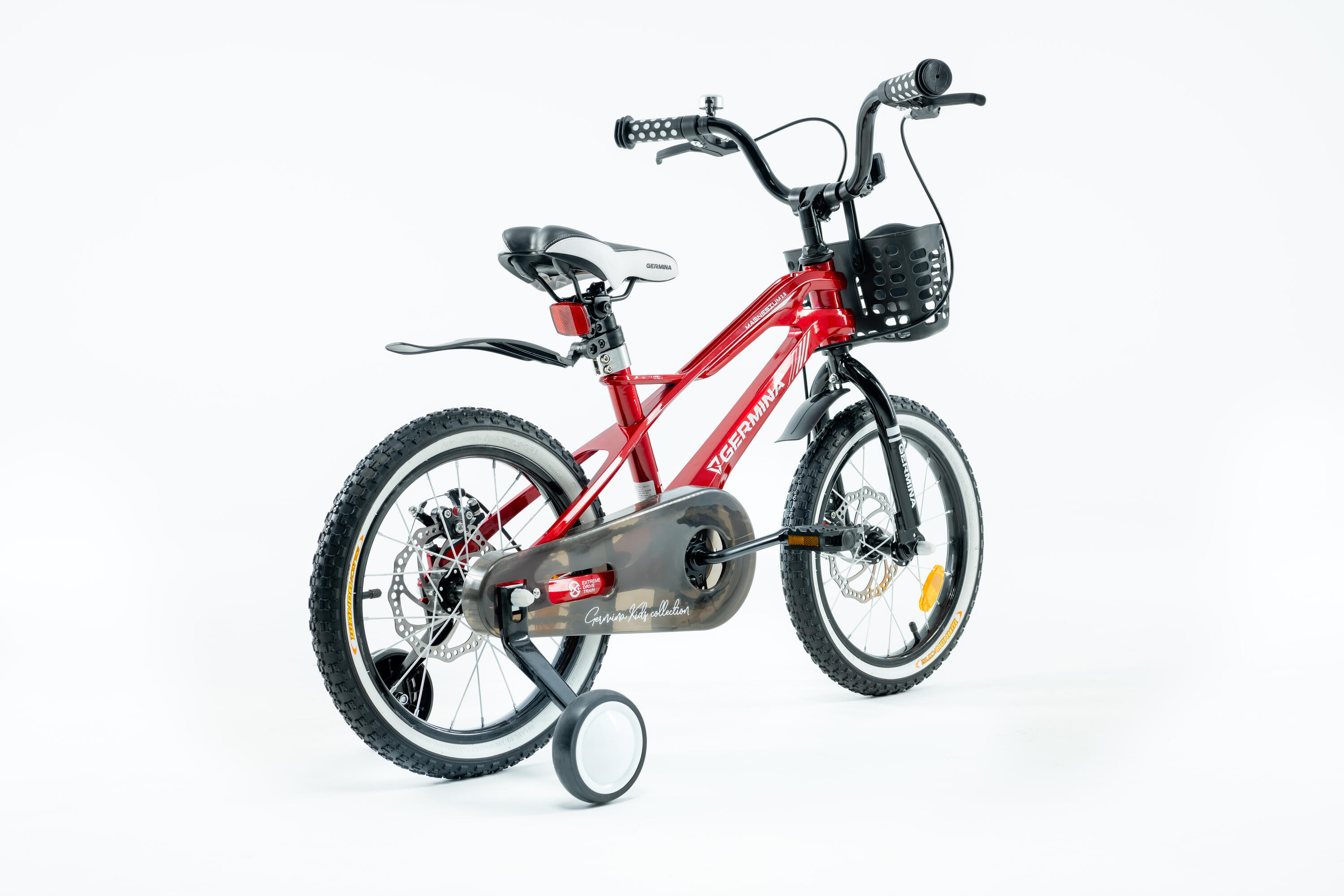 Kinderfiets GERMINA 16 inch met zijwieltjes, mandje, schijfremmen 3/9