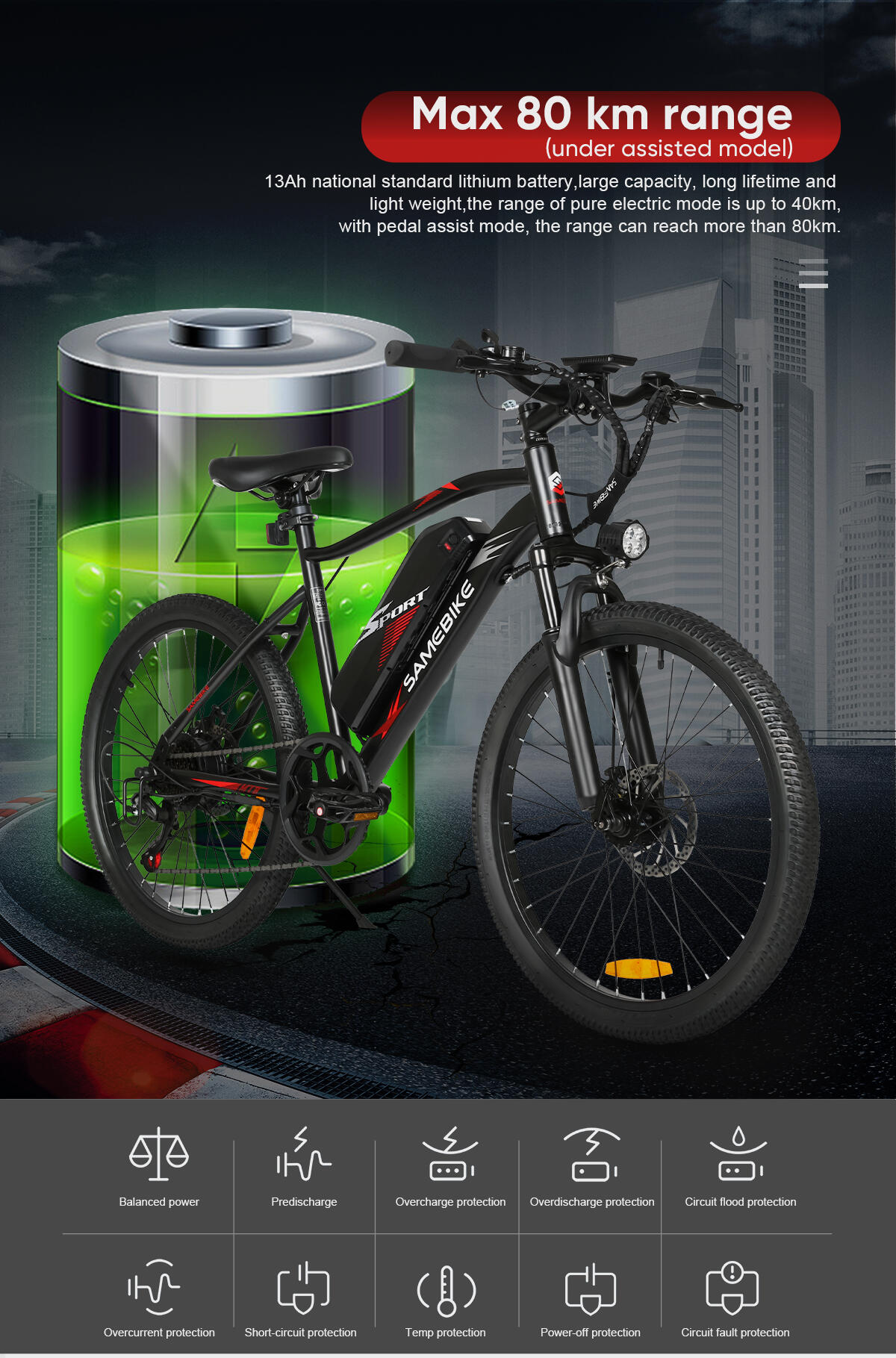 Bicicleta eléctrica para adultos SAMEBIKE EBE2 Batería 36V 13Ah Motor 250W 9/15