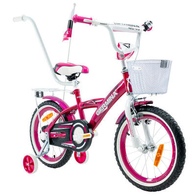 Kinderfiets germina 16 bmx voor meisje met mandje, duwstang, zijwieltjes