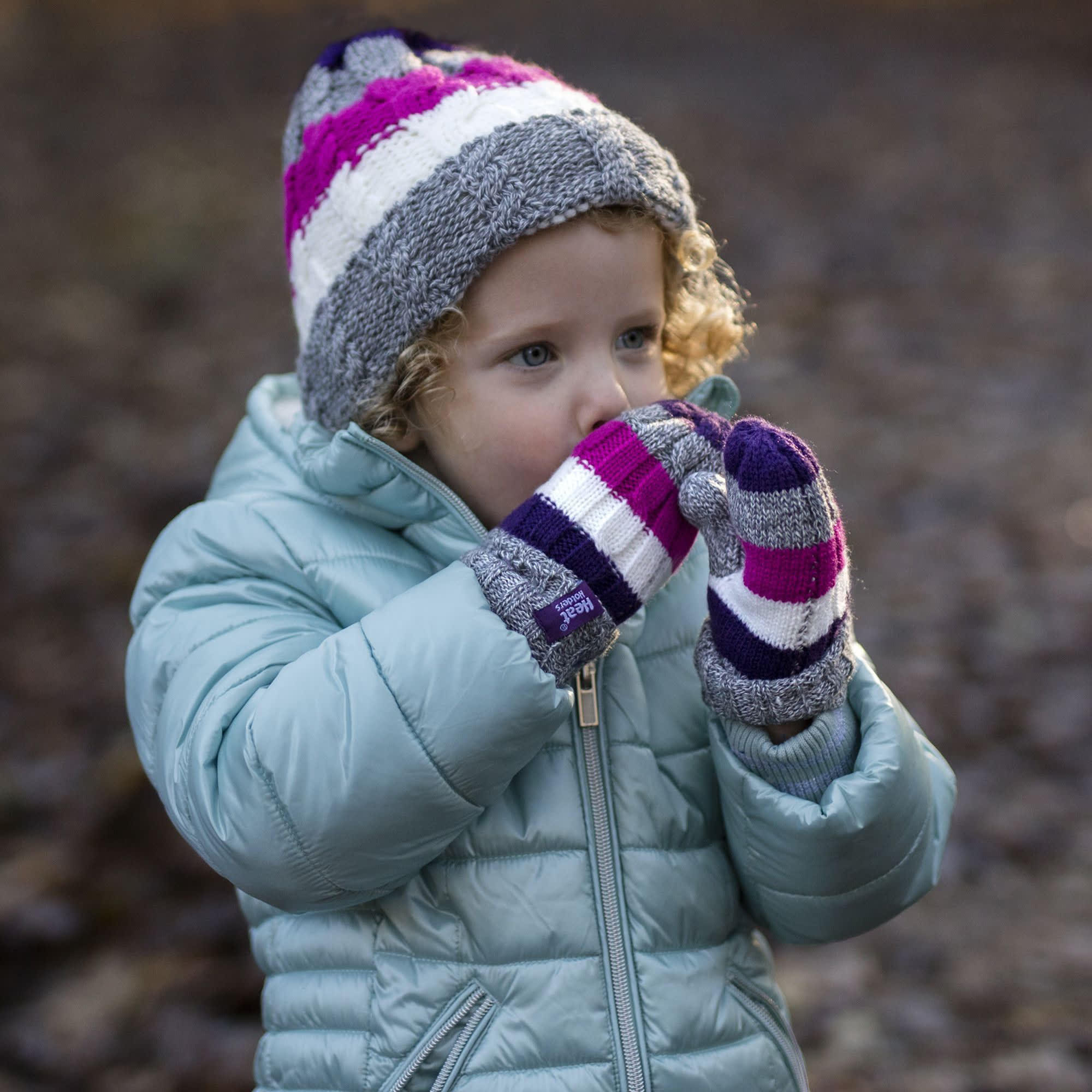 Heat Holders - Mädchen Fleece Gestreift Winter Mütze und Fäustlinge Set 3/5