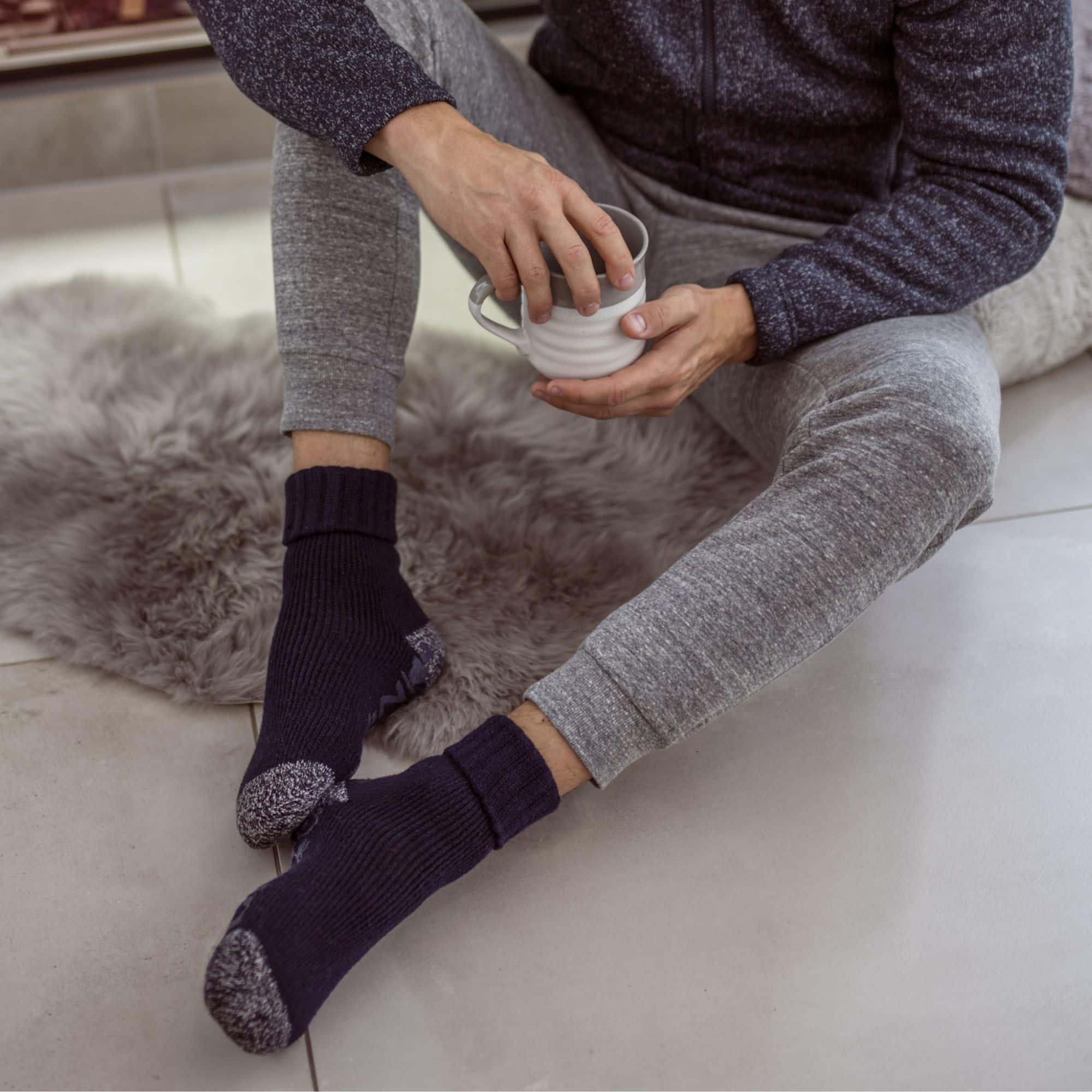 Mens Turnover Thermal Fleece Lined Bed Socks with Non Slip Grips 3/6