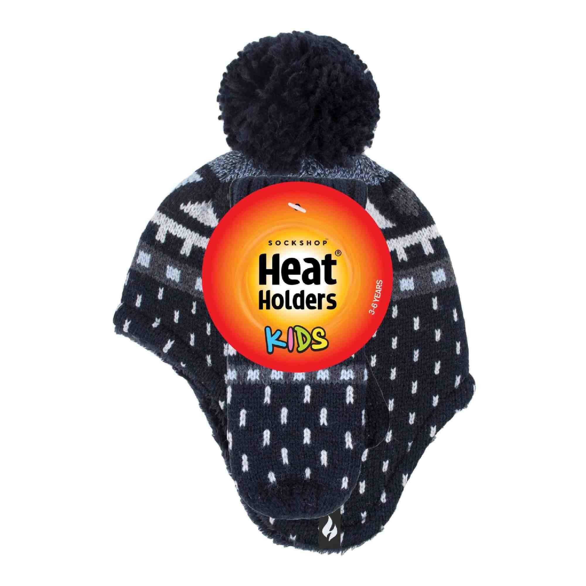 Heat Holders - Jungen Winter Muster Mütze Pompon mit Ohrenschutz und Fäustlinge 2/4