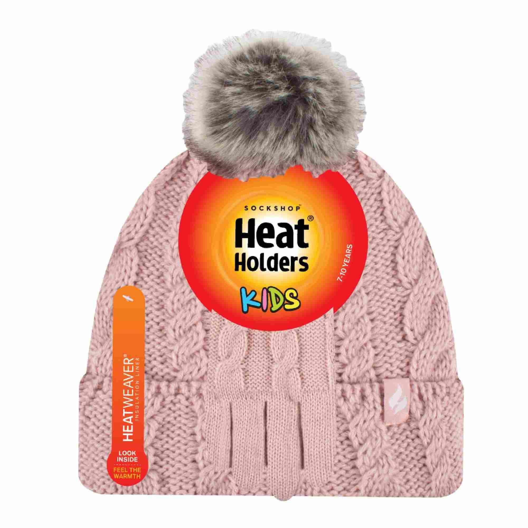 Girls Cable Knit Bobble Pom Pom Thermal Hat & Gloves Set 2/4