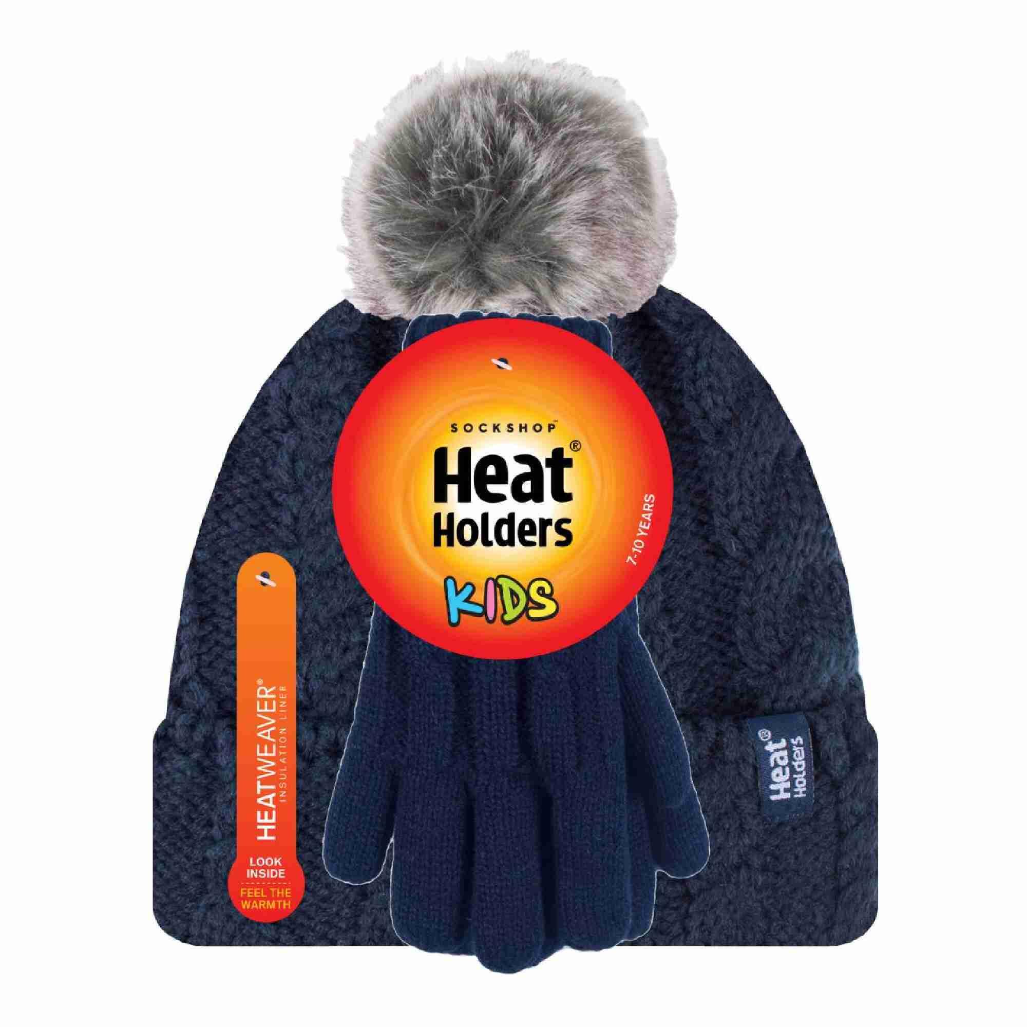 Girls Cable Knit Bobble Pom Pom Thermal Hat & Gloves Set 2/4